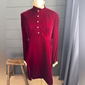 Vintage Red Velvet Like 1960’s Zippered Dress with Cream Lace, Christmas